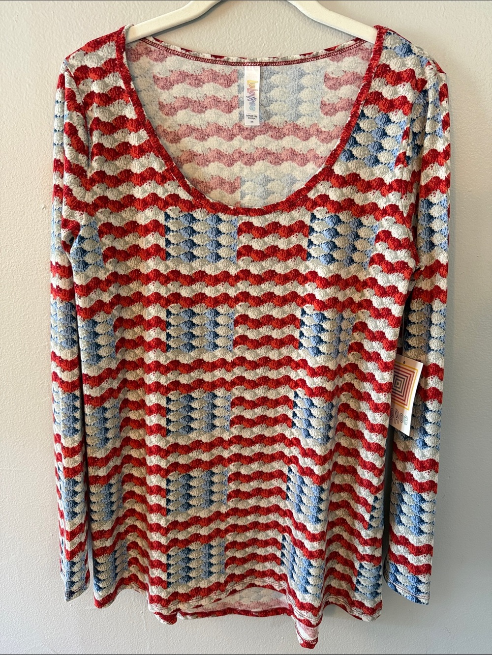 LuLaRoe Red, Blue & Cream Wave Stripe Knit Top